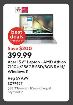 Staples Acer 15.6'' Laptop - AMD Athlon 7120U/256GB SSD/8GB RAM/Windows 11 offer