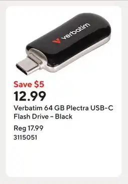 Staples Verbatim 64 GB Plectra USB-C Flash Drive – Black offer
