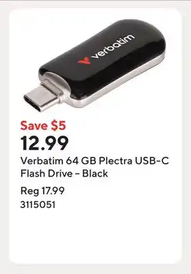 Staples Verbatim 64 GB Plectra USB-C Flash Drive – Black offer