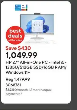 Staples HP 27 All-in-One PC - Intel i5-1335U/512GB SSD/16GB RAM/Windows 11+ offer