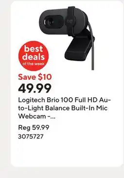 Staples Logitech Brio 100 Full HD Auto-Light Balance Built-In Mic Webcam - Graphite offer