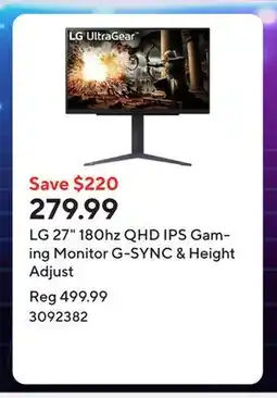 Staples LG 27 180hz QHD IPS Gaming Monitor G-SYNC & Height Adjust offer