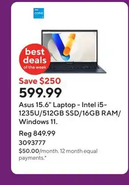 Staples Asus 15.6 Laptop - Intel i5-1235U/512GB SSD/16GB RAM/Windows 11 offer