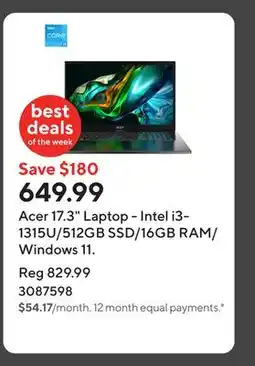 Staples Acer 17.3 Laptop - Intel i3-1315U/512GB SSD/16GB RAM/Windows 11 offer