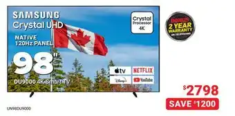 Visions Electronics Samsung Crystal UHD NATIVE 120Hz PANEL 98 DU9000 4K Smart TV offer