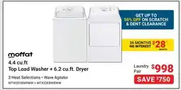 Visions Electronics Moffat 4.4 cu. ft Top Load Washer + 6.2 cu. ft. Dryer 3 Heat Selections offer