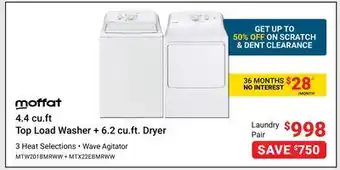 Visions Electronics Moffat 4.4 cu. ft Top Load Washer + 6.2 cu. ft. Dryer 3 Heat Selections offer