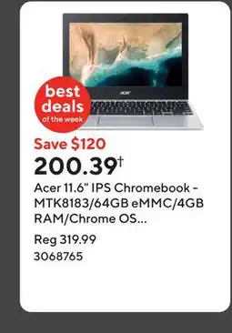Staples Acer 11.6 IPS Chromebook - MTK8183/64GB eMMC/4GB RAM/Chrome OS with 3 months of Gemini Advanced offer