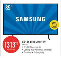 The Brick Samsung 85 4K UHD Direct Lit PurColour HDR10+ 60Hz Smart TV (UN85DU7100FXZC) offer