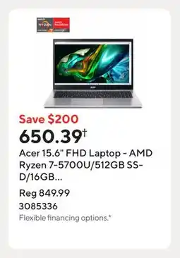 Staples Acer 15.6 FHD Laptop - AMD Ryzen 7-5700U/512GB SSD/16GB RAM/Windows 11 offer