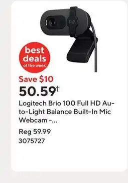 Staples Logitech Brio 100 Full HD Auto-Light Balance Built-In Mic Webcam - Graphite offer