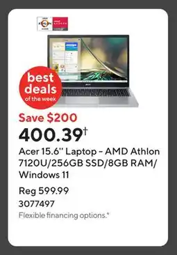 Staples Acer 15.6'' Laptop - AMD Athlon 7120U/256GB SSD/8GB RAM/Windows 11 offer