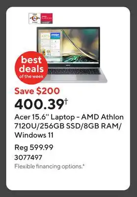 Staples Acer 15.6'' Laptop - AMD Athlon 7120U/256GB SSD/8GB RAM/Windows 11 offer