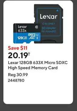 Staples Lexar 128GB 633X Micro SDXC High Speed Memory Card offer