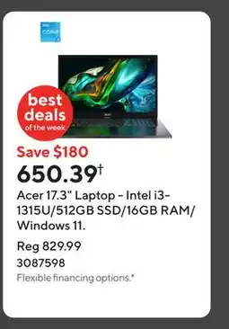 Staples Acer 17.3 Laptop - Intel i3-1315U/512GB SSD/16GB RAM/Windows 11 offer