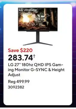 Staples LG 27 180hz QHD IPS Gaming Monitor G-SYNC & Height Adjust offer