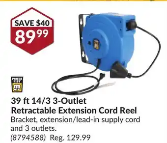 Princess Auto 39 ft 14/3 3-Outlet Retractable Extension Cord offer