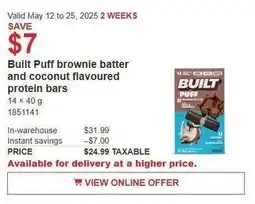 Costco Built puff brownie batter and coconut flavoured protein bars offer