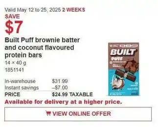 Costco Built puff brownie batter and coconut flavoured protein bars offer