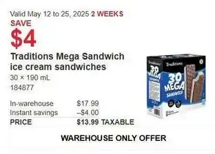 Costco Traditions mega sandwich ice cream sandwiches offer