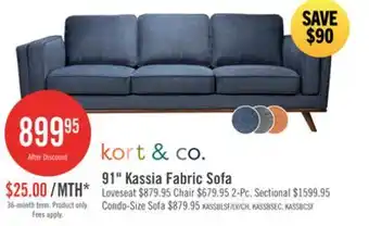 The Brick Kort & Co. Kassia 90.6 Linen-Look Fabric Sofa with Wood Base and Legs - Blue offer