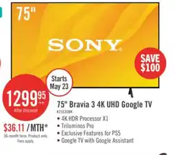 The Brick Sony 75 Bravia 3 LED 4K HDR10 Dolby Vision Motionflow XR 60Hz Google Smart TV (K75S30) offer