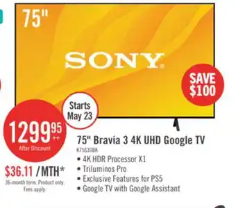 The Brick Sony 75 Bravia 3 LED 4K HDR10 Dolby Vision Motionflow XR 60Hz Google Smart TV (K75S30) offer