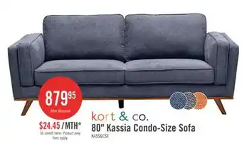 The Brick Kort & Co. Kassia 80 Linen-Look Fabric Condo Size Sofa with Wood Base and Legs - Blue offer