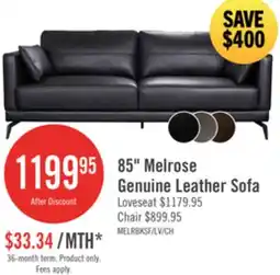 The Brick Melrose 84.5 Top-Grain Genuine Leather Sofa with Reversible Back Cushions and Metal Legs - Black offer