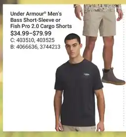 Cabela's Under Armour Men's Bass Short-Sleeve or Fish Pro 2.0 Cargo Shorts offer