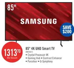 The Brick Samsung 85 4K UHD Direct Lit PurColour HDR10+ 60Hz Smart TV (UN85DU7100FXZC) offer