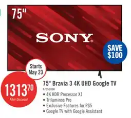 The Brick Sony 75 Bravia 3 LED 4K HDR10 Dolby Vision Motionflow XR 60Hz Google Smart TV (K75S30) offer