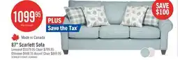 The Brick Made in Canada Scarlett 87 Chenille Fabric Sofa with Rolled Arms and Accent Pillows - Marine Blue offer