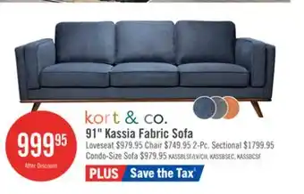 The Brick Kort & Co. Kassia 90.6 Linen-Look Fabric Sofa with Wood Base and Legs - Blue offer