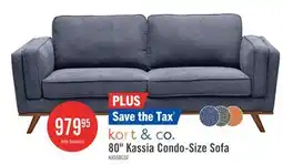The Brick Kort & Co. Kassia 80 Linen-Look Fabric Condo Size Sofa with Wood Base and Legs - Blue offer