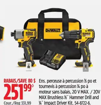 Canadian Tire DEWALT 20V MAX Brushless 1⁄2˝ Hammer Drill and 1⁄4˝ Impact Driver Kit offer