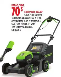 Canadian Tire 60V Push Mower, 17 with 4Ah Battery Charger offer