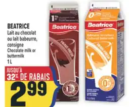 Marché Adonis BEATRICE LAIT AU CHOCOLAT OU LAIT BABEURRE, CONSIGNE | CHOCOLATE MILK OR BUTTERMILK offer