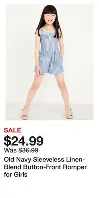 Old Navy Old Navy Sleeveless Linen-Blend Button-Front Romper for Girls offer