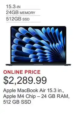 Costco Apple MacBook Air 15.3 in., Apple M4 Chip – 24 GB RAM, 512 GB SSD offer