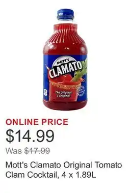 Costco Mott's Clamato Original Tomato Clam Cocktail, 4 x 1.89L offer
