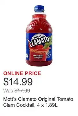 Costco Mott's Clamato Original Tomato Clam Cocktail, 4 x 1.89L offer