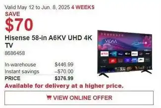 Costco Hisense 58-in A6KV UHD 4K TV offer