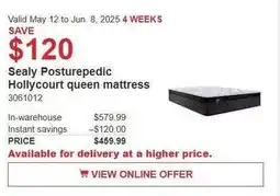 Costco Sealy Posturepedic Hollycourt queen mattress offer