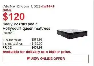 Costco Sealy Posturepedic Hollycourt queen mattress offer