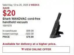 Costco Shark WANDVAC cord-free handheld vacuum offer