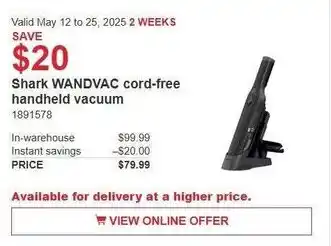Costco Shark WANDVAC cord-free handheld vacuum offer