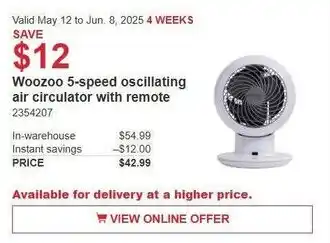 Costco Woozoo 5-speed oscillating air circulator with remote offer