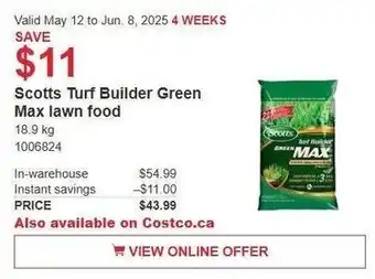 Costco Scotts Turf Builder Green Max lawn food offer