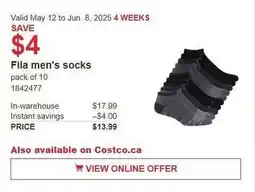 Costco Fila men's socks offer